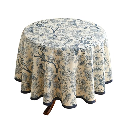 ISAENNE Tischdecke mit französischem Blumenmuster, für runde Tische, Leinen-Tischdecke mit blauem Blumenmuster, strapazierfähig, für Esszimmer, Küche, Dekoration, Party, Bankett, Weihnachten von ISAENNE
