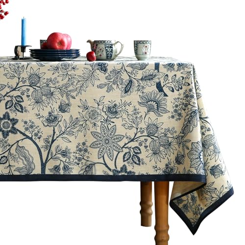 ISAENNE Tischdecke mit französischem Blumenmuster für rechteckige Tische, Leinen-Tischdecke mit blauem Blumenmuster, strapazierfähig, Tischdecke für Esszimmer, Küche, Dekoration, Party, Bankett, 139,7 von ISAENNE