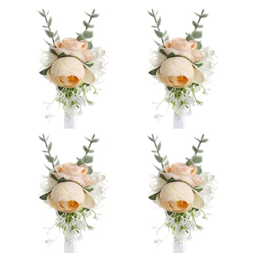 ISAKEN 4 Stück Handgelenk Blume Handgemachte Corsage Braut Brautjungfer Blumen Armband Band Blumenarmband Handgelenksblume für Hochzeit Prom Party von ISAKEN