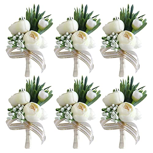 ISAKEN 6 Stück Boutonniere Corsage Blumenset Bräutigam Boutonnièr Ansteckblume Hochzeit Boutonniere für Bräutigam Braut Brautjungfer Trauzeugen Gäste Hochzeit Herren Damen Bankett Tanzparty Deko von ISAKEN