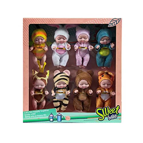 ISAKEN 8 Stück Mini Reborn Puppen, Newborn Baby Schlafende Wiedergeburt Puppen Miniatur Puppenspielzeug Puppe und Kleidung Set für Kinder Jungen Mädchen Geschenk von ISAKEN