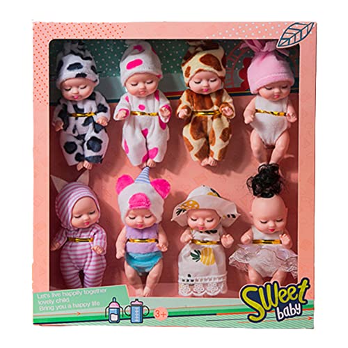 ISAKEN 8 Stück Mini Reborn Puppen, Newborn Baby Schlafende Wiedergeburt Puppen Miniatur Puppenspielzeug Puppe und Kleidung Set für Kinder Jungen Mädchen Geschenk von ISAKEN