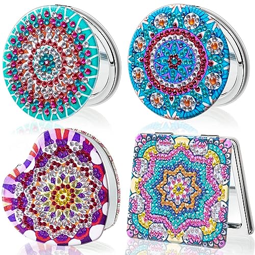 ISAKEN Diamond Painting Taschenspiegel, 4 Stück DIY 5d Diamant Malerei Tragbarer Taschenspiegel Make-up Spiegel Klappbar Spiegel Mirror Klappspiegel Handtasche Geschenk für Frauen Mädchen Kinder von ISAKEN