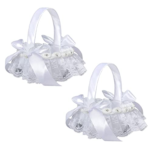 ISAKEN Hochzeit Blumenkorb, 2 Stück Weiß Streukörbchen Korb für Blumenkinder, Handheld Hochzeitskorb Spitzen und Schleifenrand Bowknot Blumenkorb für Hochzeitsfeier Blumenmädchen von ISAKEN