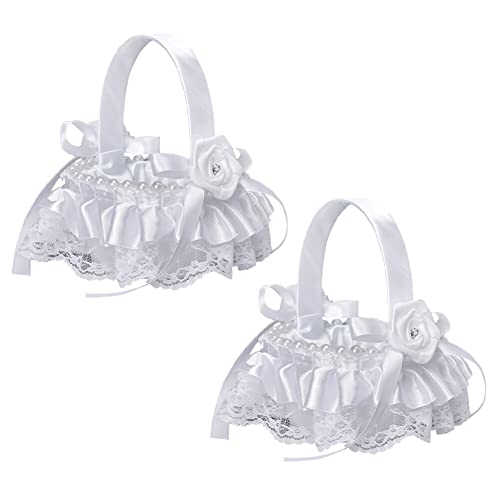 ISAKEN Hochzeit Blumenkorb, 2 Stück Weiß Streukörbchen Korb für Blumenkinder, Handheld Hochzeitskorb Spitzen und Schleifenrand Bowknot Blumenkorb für Hochzeitsfeier Blumenmädchen von ISAKEN