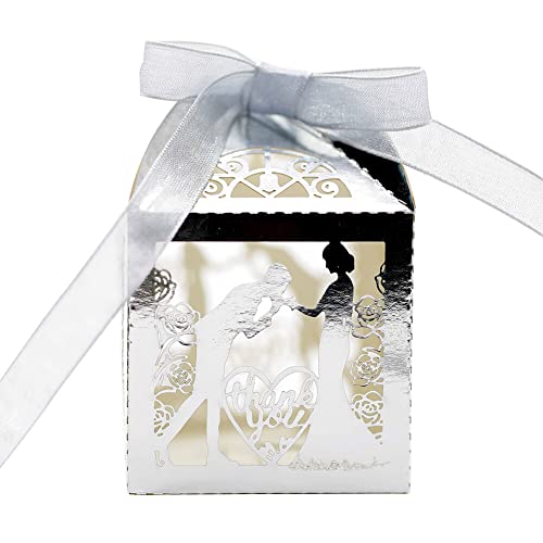 ISAKEN Hochzeit Geschenkbox, 50er Pack Süßigkeiten Geschenkboxen Bonbons Geschenkschachtel Geschenkboxen Bonbon-Box mit Farbband für Tischdeko Hochzeit Hochzeitstag von ISAKEN