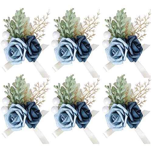 ISAKEN Hochzeit Handgelenk Corsage, 6 Stück Brautjungfer Hochzeit Handgelenk Blume Armband Hand Blumen blumenarmband für Braut Brautjungfer Gäste Herren Damen Party von ISAKEN