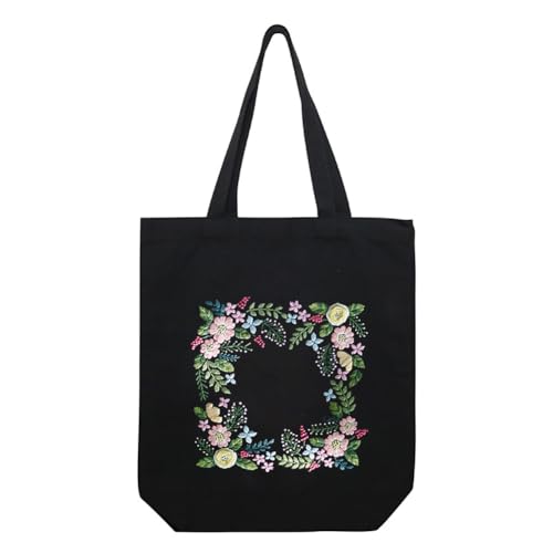 ISAKEN Stick Anfänger Kits, Segeltuchtasche Stickerei Set DIY Handgemachte Tasche Mit Muster Schwarz Einzelne Umhängetasche für Anfänger Frauen Stickerei Praxis von ISAKEN