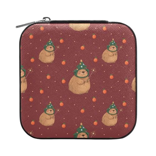 ISAOA Capybara Weihnachts-Schmuckschatulle, klein, tragbar, Reise-Schmuckkästchen, PU-Leder, Reise-Organizer, Aufbewahrungsbox, Ringe, Ohrringe, Halsketten, Aufbewahrungsbox für Damen, Mädchen von ISAOA