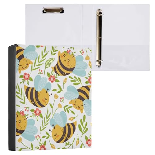 ISAOA Honey Bee Cartoon-Ordner mit 3 transparenten Innentaschen, 3,8 cm Drei-Ring-Ordner, hält bis zu 200 Blatt, 27 x 32 cm, A4-Ringbuch für Büro, Schulbedarf von ISAOA
