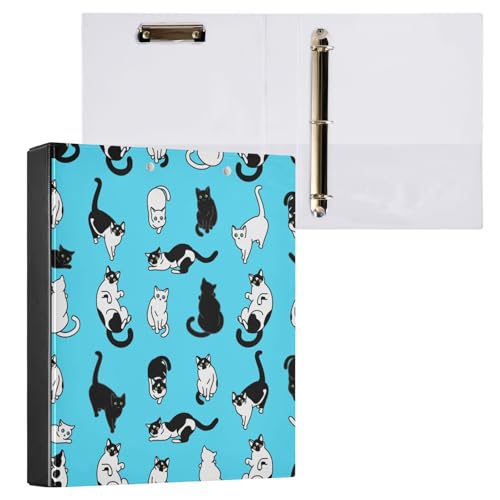 ISAOA Niedliche schwarz-weiße Katzen-Ordner mit 3 transparenten Innentaschen, 3,8 cm Drei-Ring-Ordner, hält bis zu 200 Blatt, 27 x 32 cm, A4-Ringordner für Büro, Schulbedarf von ISAOA