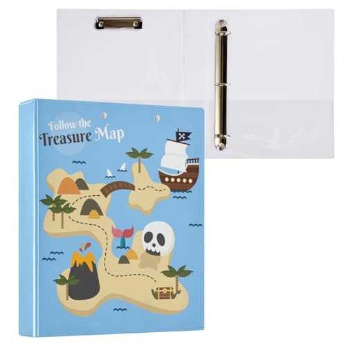 ISAOA Piratenschatzkarte mit Totenkopf und Boot, Ordner mit 3 transparenten Innentaschen, 3,8 cm Ringbuch, hält bis zu 200 Blatt, 27 x 32 cm, A4-Ringbuch für Büro, Schulbedarf von ISAOA