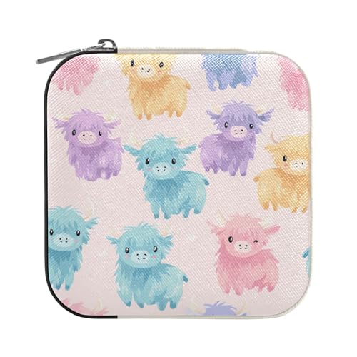 ISAOA Schmuckkästchen mit Cartoon-Highland-Rinder-Muster, klein, tragbar, Reise-Schmuckschatulle, PU-Leder, Reise-Organizer, Aufbewahrungsbox, Ringe, Ohrringe, Halsketten, Aufbewahrungsbox für Frauen von ISAOA