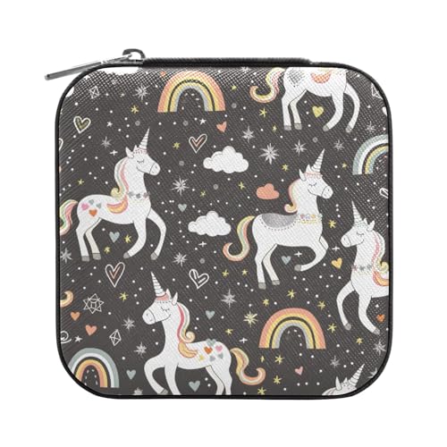 ISAOA Schmuckkästchen mit weißen Einhörnern, Regenbögen, klein, tragbar, Reise-Schmuckschatulle, PU-Leder, Reise-Organizer, Aufbewahrungsbox, Ringe, Ohrringe, Halsketten, Aufbewahrungsbox für Damen von ISAOA