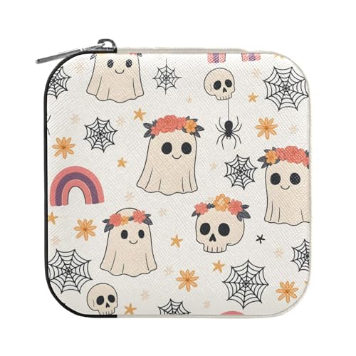ISAOA Süße Geister-Schmuckschatulle mit Totenkopf-Motiv, klein, tragbar, Reise-Schmuckkästchen, PU-Leder, Reise-Organizer, Aufbewahrungsbox, Ringe, Ohrringe, Halsketten, Aufbewahrungsbox für Frauen von ISAOA