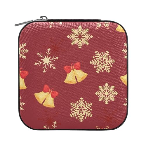 ISAOA Weihnachts-Schmuckschatulle, rote Glocke und Schneeflocke, klein, tragbar, Reise-Schmuckkästchen, PU-Leder, Reise-Organizer, Box, Ringe, Ohrringe, Halsketten, Aufbewahrungsbox für Frauen und von ISAOA