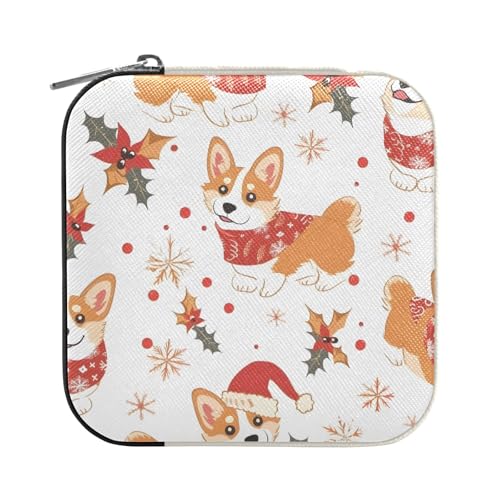 ISAOA Weihnachts-Schmuckschatulle mit Hundemuster, klein, tragbar, Reise-Schmuckkästchen, PU-Leder, Reise-Organizer, Aufbewahrungsbox, Ringe, Ohrringe, Halsketten, Aufbewahrungsbox für Frauen und von ISAOA