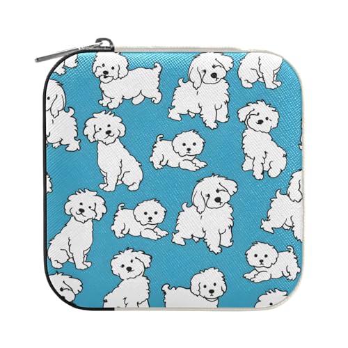 Weiße Bichon-Hunde-Schmuckschatulle, klein, tragbar, Reise-Schmuckkästchen, Reise-Organizer, Aufbewahrungsbox, für Ringe, Ohrringe, Halsketten, für Damen, Mädchen, Geschenke von ISAOA