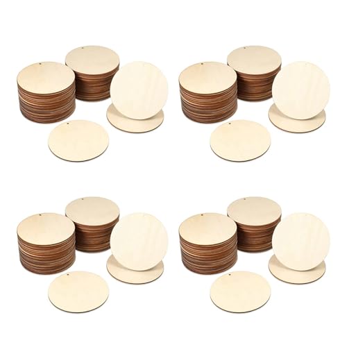 ISKDJBJG 200 Stück Holzkreise, Unfertige, Runde Ausschnitte, Vorgebohrte Etiketten, Scheiben, Leere Holzscheiben mit LöChern, Anhänger (10,2 cm) von ISKDJBJG