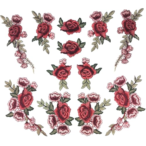 12 -pcs Blumeneisen auf Flecken, rote Rose bestickte Blumenapplikation elegante Pfingstrose auf Flecken DIY Kragen Büste Kleiderbeutel Schuhe Schuhe von ISOYTERO