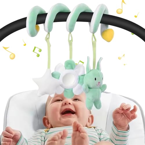 Baby-Autositz Spielzeug, Kaninchen Spiralplüschhänge-Krippenspielzeug, grün und weiße Quietschen Reiseaktivität Wind Chimes Early Pädagogik Kinderwagen Spielzeug für Neugeborene 0-6 Monate Auto von ISOYTERO