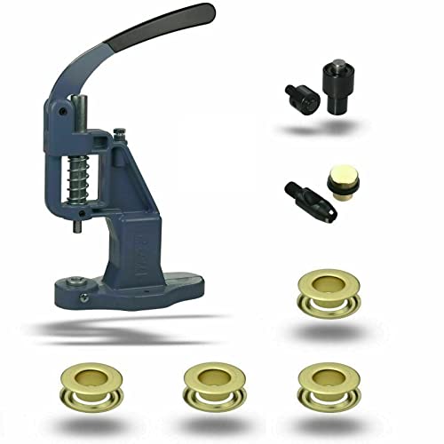 ISTA TOOLS Ösenpresse + 120 Stück (T-3) Ösen + Einsatzwerkzeug mit Lochpfeife, Messing-Ösen, Metallöse, Rundöse mit Scheibe, Messing, rostfrei (12 mm, Gelb) von ISTA TOOLS