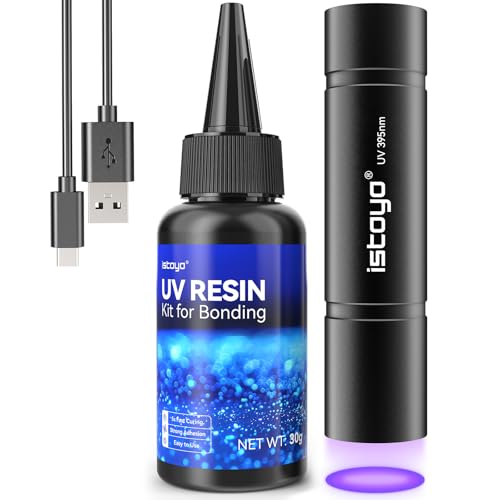 ISTOYO UV-Harz-Set mit Licht, 30 g UV-Harz mit 395 nm UV-Taschenlampe, 3 W USB C wiederaufladbar, schnelle Aushärtung in 5 Sekunden zum Kleben von Kunststoff, Schmuck, Gießen, Basteln von ISTOYO