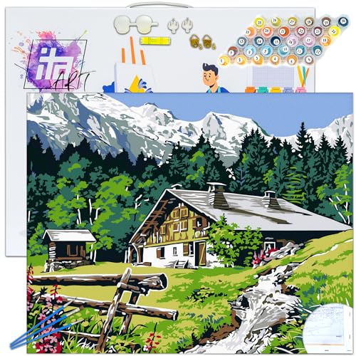 ITA ART Malen nach Zahlen Komplett Set mit Keilrahmen, Acrylfarben, Pinseln, Zubehör, Geschenkbox - DIY Gemälde Bastelset Kit mit Leinwand für Erwachsene, 30x40 cm, Haus am Fuße des Berges ITA ART Malen nach Zahlen Komplett Set mit Keilrahmen, Acrylfarben, Pinseln, Zubehör, Geschenkbox - DIY Gemälde Bastelset Kit mit Leinwand für Erwachsene, 30x40 cm, Haus am Fuße des Berges von ITA