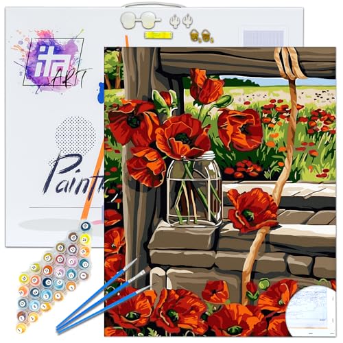 ITA ART Malen nach Zahlen Komplett Set mit Keilrahmen, Acrylfarben, Pinseln, Zubehör, Geschenkbox - DIY Gemälde Bastelset Kit mit Leinwand für Erwachsene, 30x40 cm, Mohnblumen im Brunnen ITA ART Malen nach Zahlen Komplett Set mit Keilrahmen, Acrylfarben, Pinseln, Zubehör, Geschenkbox - DIY Gemälde Bastelset Kit mit Leinwand für Erwachsene, 30x40 cm, Mohnblumen im Brunnen von ITA