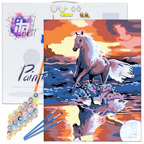 ITA ART Malen nach Zahlen Komplett Set mit Keilrahmen, Acrylfarben, Pinseln, Zubehör, Geschenkbox - DIY Gemälde Bastelset Kit mit Leinwand für Erwachsene, 30x40 cm, Pferd im Meer ITA ART Malen nach Zahlen Komplett Set mit Keilrahmen, Acrylfarben, Pinseln, Zubehör, Geschenkbox - DIY Gemälde Bastelset Kit mit Leinwand für Erwachsene, 30x40 cm, Pferd im Meer von ITA