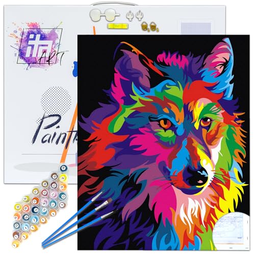 ITA ART Malen nach Zahlen Komplett Set mit Keilrahmen, Acrylfarben, Pinseln, Zubehör, Geschenkbox - DIY Gemälde Bastelset Kit mit Leinwand für Erwachsene, 30x40 cm, Pop-Art Wolf ITA ART Malen nach Zahlen Komplett Set mit Keilrahmen, Acrylfarben, Pinseln, Zubehör, Geschenkbox - DIY Gemälde Bastelset Kit mit Leinwand für Erwachsene, 30x40 cm, Pop-Art Wolf von ITA
