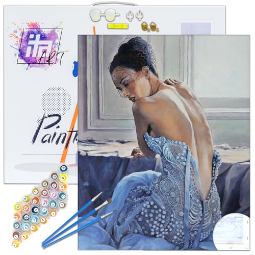 ITA Art Malen nach Zahlen Komplett Set mit Keilrahmen, Acrylfarben, Pinseln, Zubehör, Geschenkbox - DIY Gemälde Bastelset Kit mit Leinwand für Erwachsene, 40x50 cm, 50 Schattierungen von Blau ITA Art Malen nach Zahlen Komplett Set mit Keilrahmen, Acrylfarben, Pinseln, Zubehör, Geschenkbox - DIY Gemälde Bastelset Kit mit Leinwand für Erwachsene, 40x50 cm, 50 Schattierungen von Blau von ITA