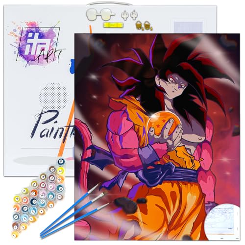 ITA ART Malen nach Zahlen Komplett Set mit Keilrahmen, Acrylfarben, Pinseln, Zubehör, Geschenkbox - DIY Gemälde Bastelset Kit mit Leinwand für Erwachsene, 40x50 cm, Goku von ITA