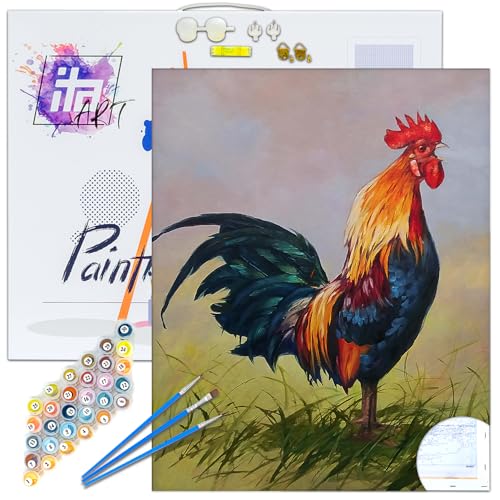 ITA ART Malen nach Zahlen Komplett Set mit Keilrahmen, Acrylfarben, Pinseln, Zubehör, Geschenkbox - DIY Gemälde Bastelset Kit mit Leinwand für Erwachsene, 40x50 cm, Hahn von ITA