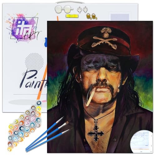 ITA ART Malen nach Zahlen Komplett Set mit Keilrahmen, Acrylfarben, Pinseln, Zubehör, Geschenkbox - DIY Gemälde Bastelset Kit mit Leinwand für Erwachsene, 40x50 cm, Lemmy Kilmister von ITA