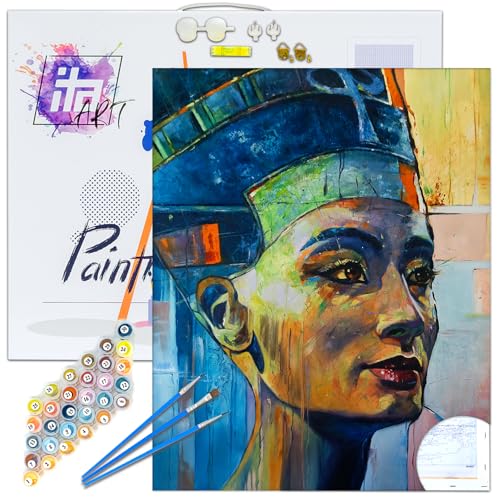 ITA ART Malen nach Zahlen Komplett Set mit Keilrahmen, Acrylfarben, Pinseln, Zubehör, Geschenkbox - DIY Gemälde Bastelset Kit mit Leinwand für Erwachsene, 40x50 cm, Nofretete ITA ART Malen nach Zahlen Komplett Set mit Keilrahmen, Acrylfarben, Pinseln, Zubehör, Geschenkbox - DIY Gemälde Bastelset Kit mit Leinwand für Erwachsene, 40x50 cm, Nofretete von ITA