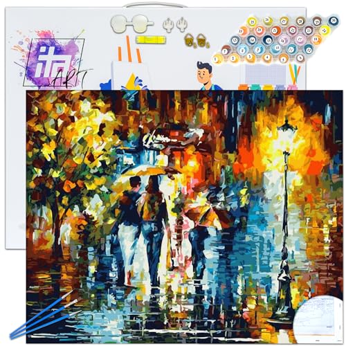 ITA ART Malen nach Zahlen Komplett Set mit Keilrahmen, Acrylfarben, Pinseln, Zubehör, Geschenkbox - DIY Gemälde Bastelset Kit mit Leinwand für Erwachsene, 40x50 cm, Regennacht ITA ART Malen nach Zahlen Komplett Set mit Keilrahmen, Acrylfarben, Pinseln, Zubehör, Geschenkbox - DIY Gemälde Bastelset Kit mit Leinwand für Erwachsene, 40x50 cm, Regennacht von ITA