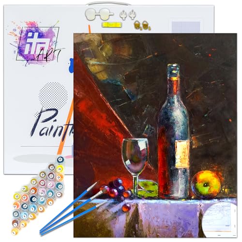 ITA ART Malen nach Zahlen Komplett Set mit Keilrahmen, Acrylfarben, Pinseln, Zubehör, Geschenkbox - DIY Gemälde Bastelset Kit mit Leinwand für Erwachsene, 40x50 cm, Stillleben mit Wein ITA ART Malen nach Zahlen Komplett Set mit Keilrahmen, Acrylfarben, Pinseln, Zubehör, Geschenkbox - DIY Gemälde Bastelset Kit mit Leinwand für Erwachsene, 40x50 cm, Stillleben mit Wein von ITA