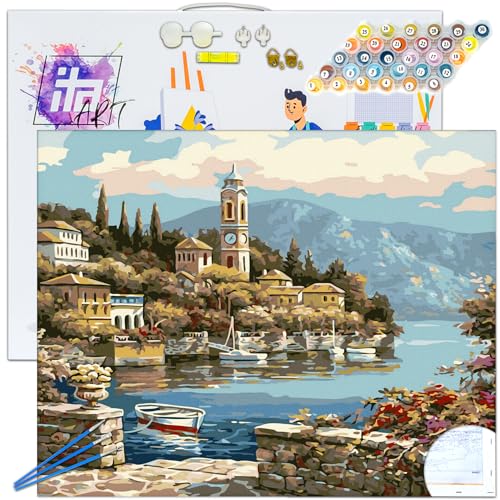 ITA Art Malen nach Zahlen Komplett Set mit Keilrahmen, Acrylfarben, Pinseln, Zubehör, Geschenkbox - DIY Gemälde Bastelset Kit mit Leinwand für Erwachsene, 30x40 cm, Am Golf von ITA