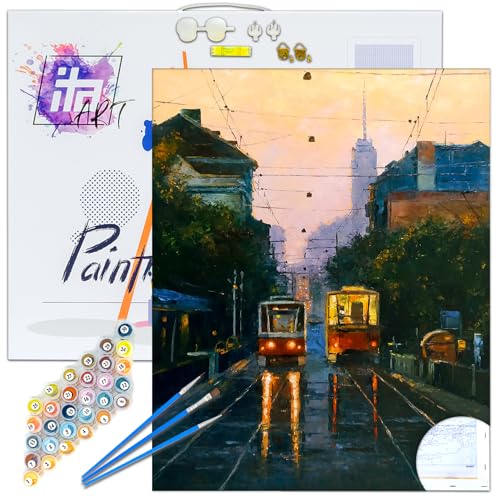 ITA Art Malen nach Zahlen Komplett Set mit Keilrahmen, Acrylfarben, Pinseln, Zubehör, Geschenkbox - DIY Gemälde Bastelset Kit mit Leinwand für Erwachsene, 40x50 cm, Auf der GRAF Ignatiev-Straße von ITA