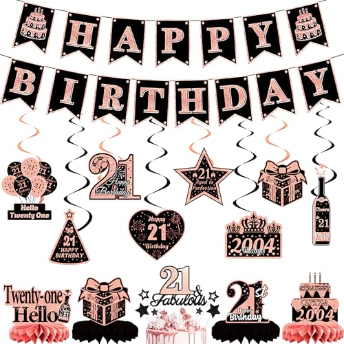 21. Geburtstag Dekorationen Banner Frauen – 21 Stück Vintage Rose Glod Banner Hängende Wirbel Kuchen Topper Waben Mittelstücke Tischdekoration für Sie Cheers To 21 Years Old Party Supplies von ITHKIRHO