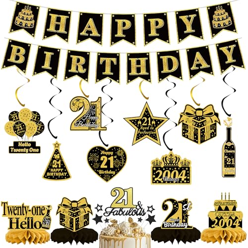 21. Geburtstag Dekorationen Banner Männer – 21 Stück schwarz Glod Banner hängende Wirbel Kuchen Topper Waben Mittelstücke Tischdekoration für Ihn Cheers To 21 Years Old Party Supplies von ITHKIRHO