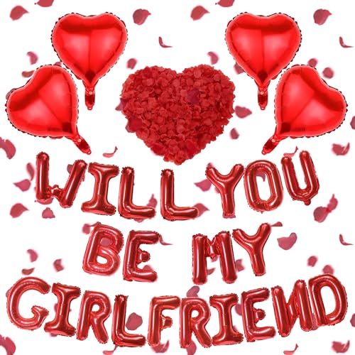 "Will You Be My Girlfriend" – Buchstaben-Folienballons, Dekorationen, 4 Stück rote Herzballons und 500 Stück künstliche Rosenblätter für Antrag, Hochzeit, Valentinstag, Dekorzubehör "Will You Be My Girlfriend" – Buchstaben-Folienballons, Dekorationen, 4 Stück rote Herzballons und 500 Stück künstliche Rosenblätter für Antrag, Hochzeit, Valentinstag, Dekorzubehör von ITHKIRHO