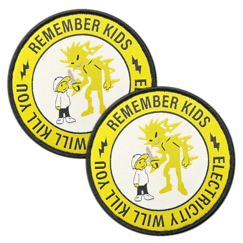 2 Stück "Remember Kids Electricity Will Kill You" Sicherheits-Sprüche, Klettverschluss, besticktes Moral-Emblem für Rucksack, Weste, Uniform, Mäntel, Jeans, Kleidung, Taschen, Jacken von ITOMUFD