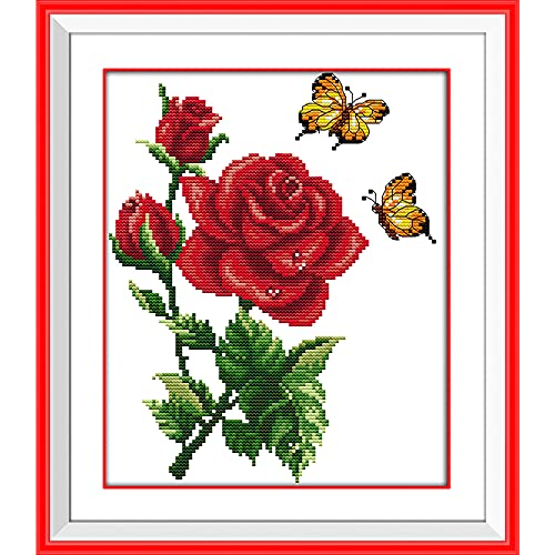 Kreuzstich-Set für Anfänger, vorgedrucktes Muster für Kinder oder Erwachsene, Stickerei-Starter-Set, 14 Fäden, Schmetterling-Rose, 26 x 20 cm von ITSTITCH