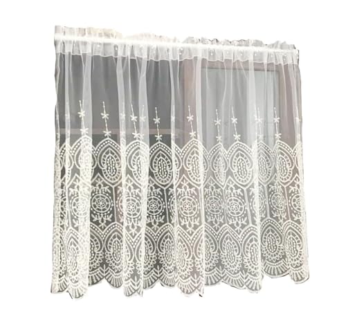 ITTRUH Transparenter Volant-Vorhang, Kurze Netzvorhänge for die Küche, handgefertigte Stickerei, transparente halbe Gardinenstange mit Tasche, 1 Panel, weiß(W x H 150x80cm) von ITTRUH