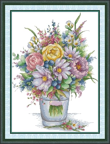 IUHUI 14ct Kreuzstich Set Vorgedruckt für Anfänger Erwachsene, Mehrfarbige Blumensträuße DIY Kreuzstich Stickpackungen Stickerei Stoff Vorlagen von IUHUI