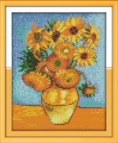 IUHUI 14ct Kreuzstich Set Vorgedruckt für Anfänger Erwachsene, Sonnenblume von Van Gogh DIY Kreuzstich Stickpackungen Stickerei Stoff Vorlagen von IUHUI