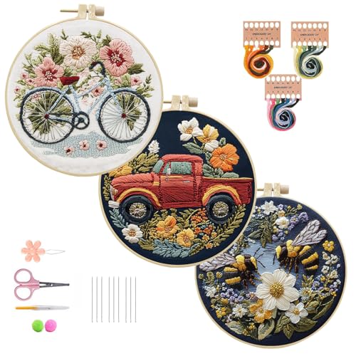 IUHUI 3 Pack Sticksets für Anfänger Erwachsene – Radfahren oder Fahren zu Frühlingsblumen, DIY Handstickerei, 3 Sets mit 3 Reifen (Fahrradblumen) von IUHUI