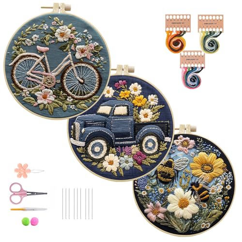 IUHUI 3 Pack Sticksets für Anfänger und Erwachsene – Radfahren oder Fahren zu Frühlingsblumen, DIY Handstickerei, 3 Sets mit 3 Reifen (Bienen-Blumen) von IUHUI